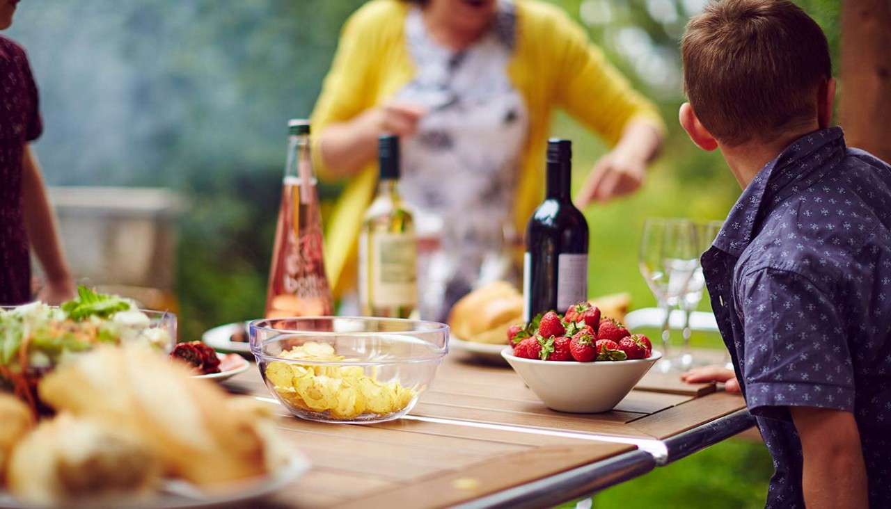 Food spread sits on a picnic table; people reach and chat. Bowls of strawberries and chips, bread, wine bottles, and glasses rest outdoors in a green backyard setting. No legible text.