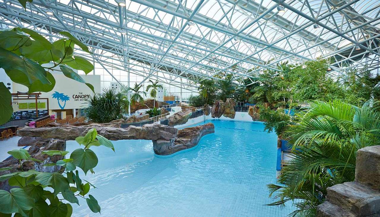 Indoor water park hosts calm blue pool, encircling rock formations and tropical plants, under a glass truss roof; sign reads “THE CANOPY CAFE AND BAR” nearby seating along deck.