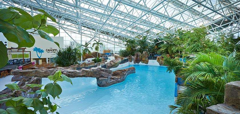 Indoor swimming pool curves beneath a glass-and-steel roof, bordered by faux rock bridges and lush tropical plants; nearby seating faces signage reading: "THE CANOPY Café & Bar".