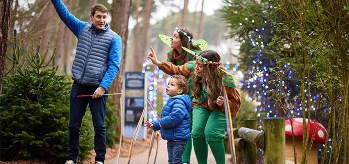 Child wearing a red knit hat and winter coat gazes left, standing outdoors at night while blue-white holiday lights on trees glow and blur in the background along a walkway.