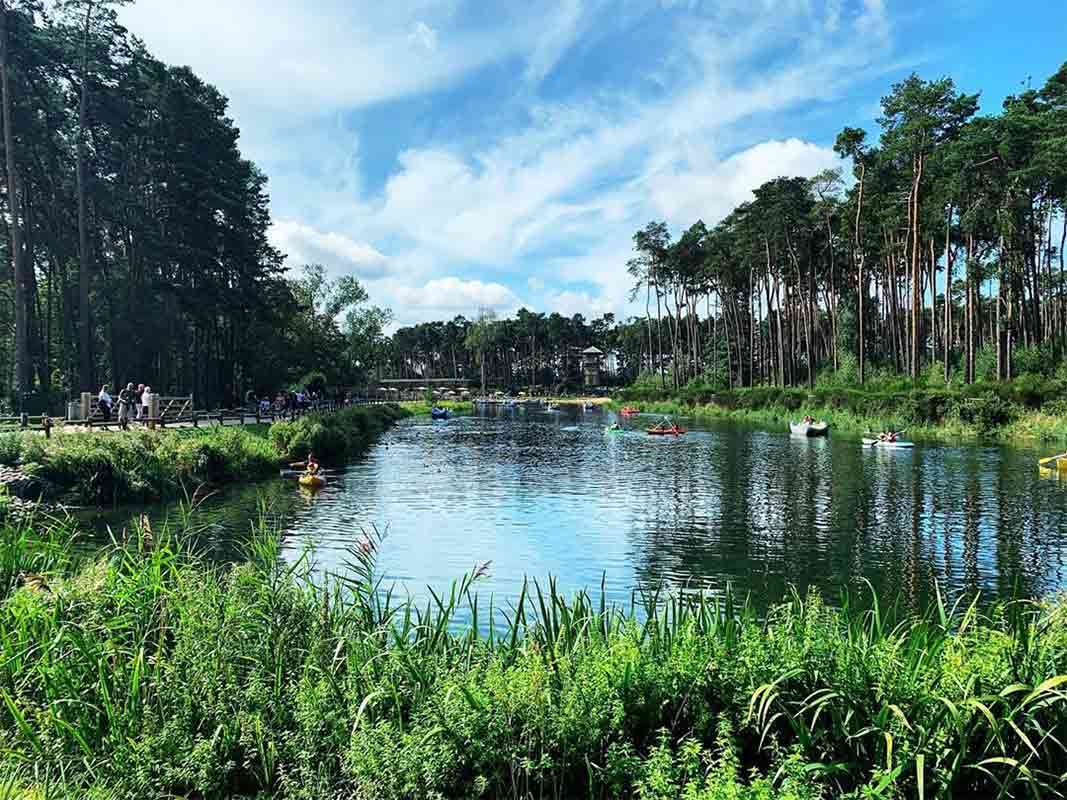Kayakers paddle across a calm lake, watched by walkers on a path; tall pines and lush reeds border the water under a bright, partly cloudy sky.