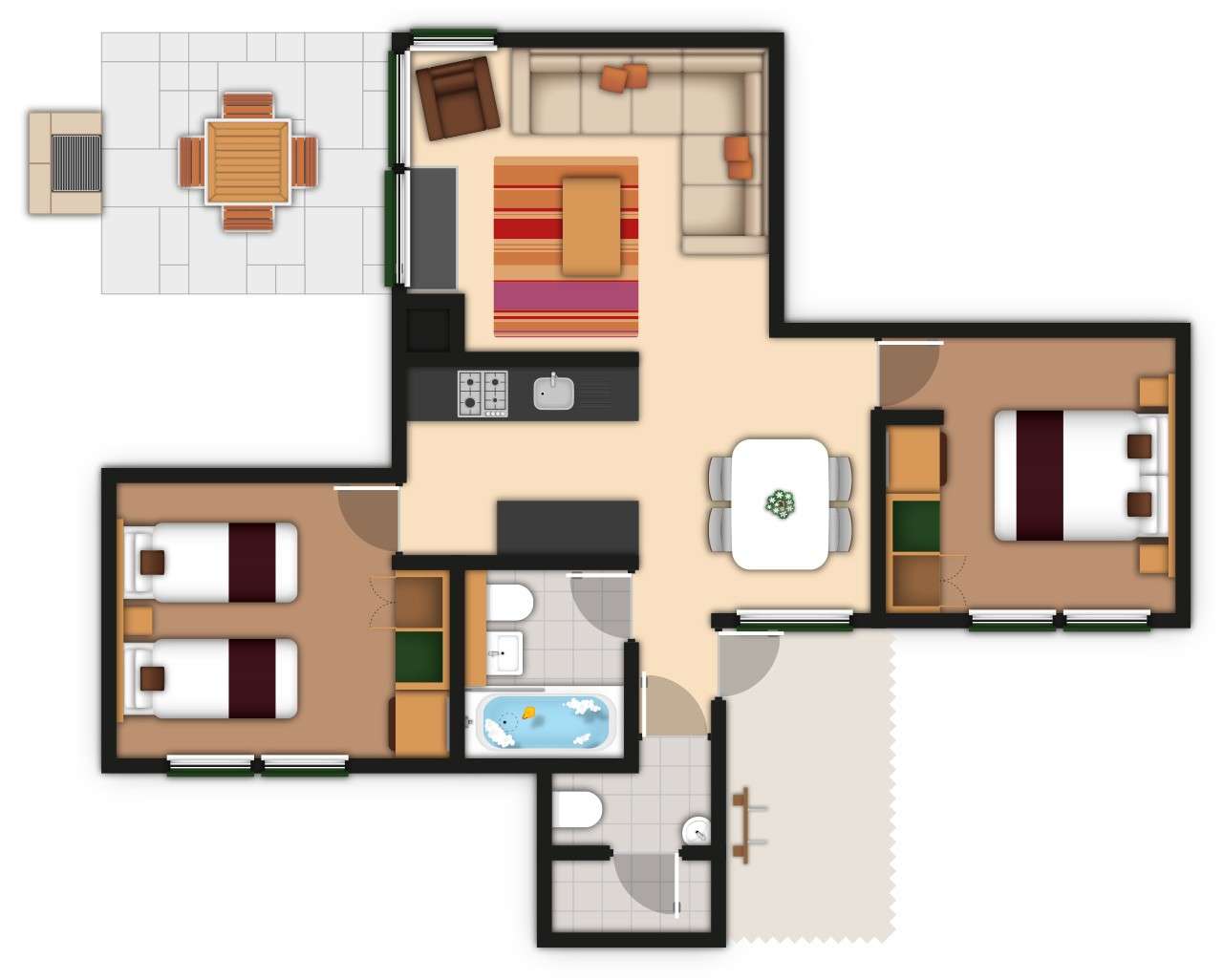 Floor plan displays an apartment layout: central living-dining-kitchen area, two bedrooms (double and twin), bathroom with tub, separate toilet, hallway, and two terraces—one furnished with grill and table.