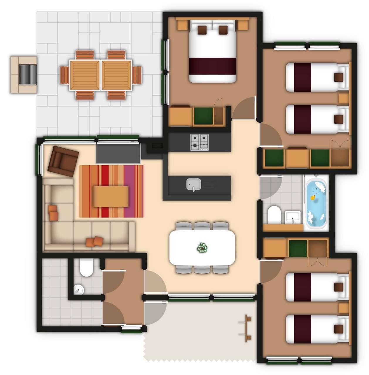 Floor plan shows rooms arranged around central kitchen-dining area; three bedrooms, one double and two twin rooms; bathroom and separate WC; living room opens to patio with outdoor dining.