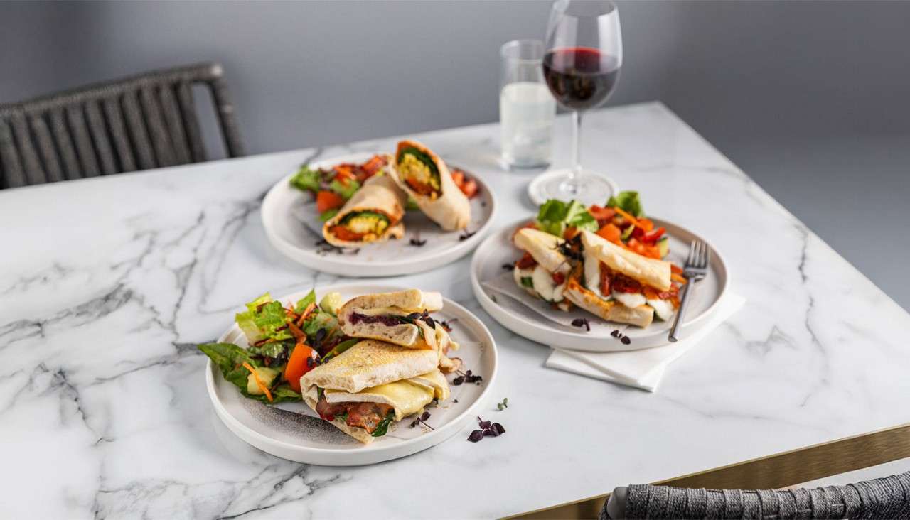 Focaccia sandwiches and wraps stuffed with a variety of fillings. 