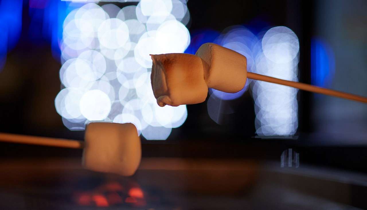 Marshmallows on wooden skewers toast over glowing embers; one is browned. Background features large bokeh circles in cool blues and whites.