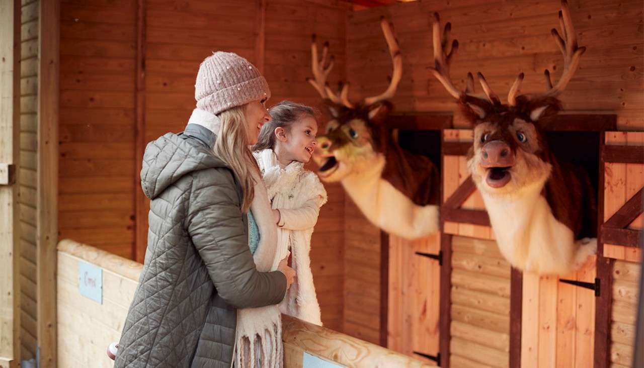 A woman holding a young girl, both in winter clothes, smile while watching two animatronic reindeer heads move and “talk” from stable windows inside a wooden festive attraction.