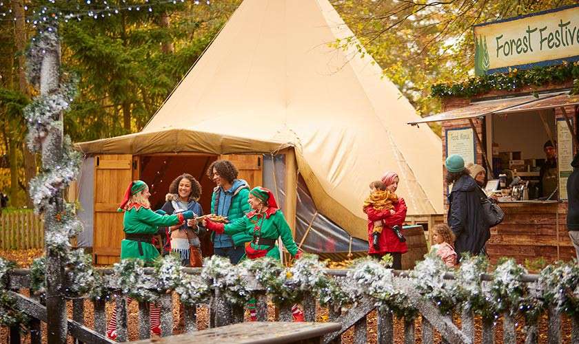 Costumed elves hand hot drinks to bundled visitors, as families gather by a wooden stall and teepee tent in a decorated woodland market with frosted garlands. Text: “Forest Festiv...”