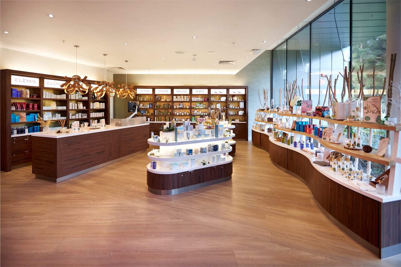 Inside the Forest Spa Boutique, stacked with health and wellbeing products.