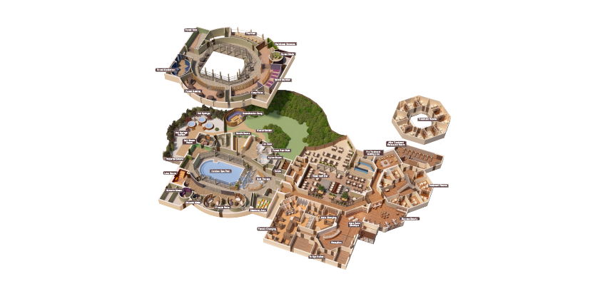 Isometric map shows a sprawling, desert-toned complex; circular arena and detached pavilion overlook a central pool; pathways weave through courtyards, gardens, and clustered rooms; numerous tiny labels are present but unreadable.
