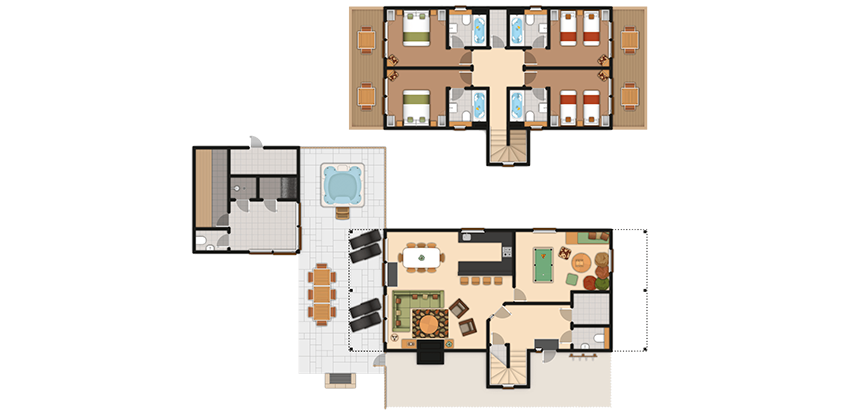 House floor plan shows rooms across two levels: bedrooms with en-suite baths and balconies above; below, kitchen, dining, living, billiards, half bath, stairs; adjacent patio hosts grill, seating, hot tub.