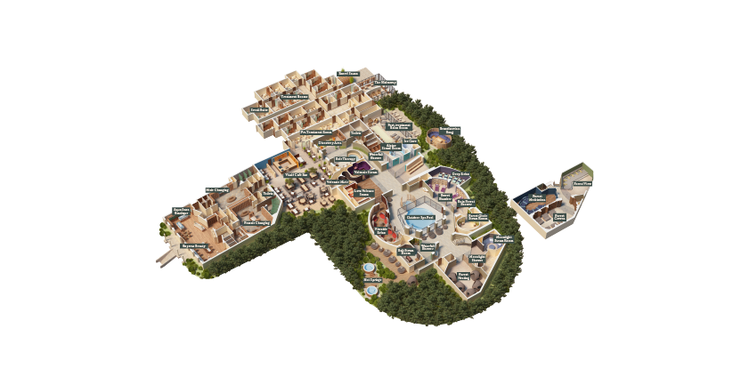 Isometric theme-park map shows labeled attractions and shops arranged in a forested sci‑fi outpost; paths weave among markets, plazas, cantina, workshops, and starships. Text labels are present but too small to read.