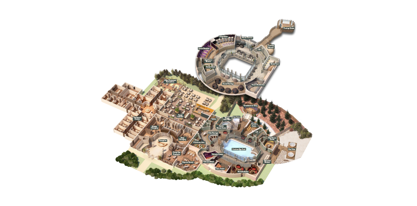 Theme-park map depicts a sci‑fi desert outpost; pathways link markets, eateries, and rides. An inset circular building plan sits above. Numerous labeled locations; text is too small to read.