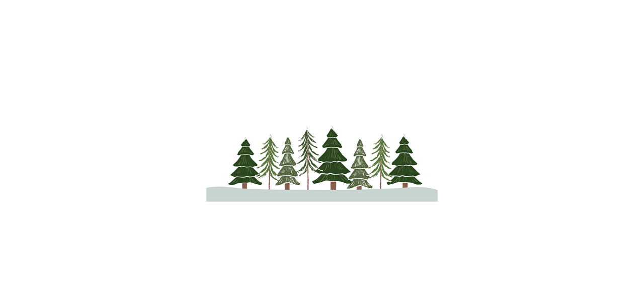 Seven stylized evergreen trees stand upright, evenly spaced, atop a light gray snowy strip, against a wide white background with ample empty space.