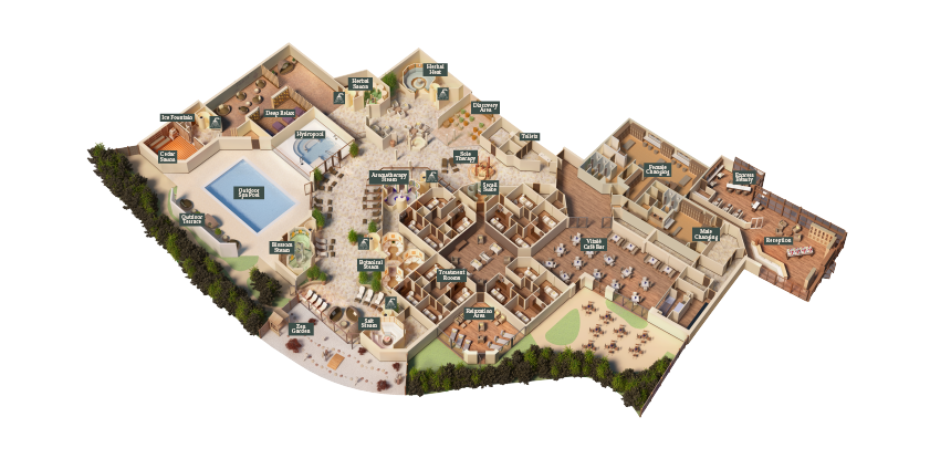 Floor-plan depicting a spa complex: zones include an outdoor pool with loungers, a central lounge, clustered treatment rooms and thermal suites, and a right-side reception/retail wing. Numerous labels are present but too small to transcribe.