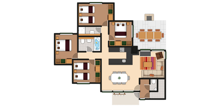 Floor plan displays a single-story home, grouping four bedrooms and two bathrooms around a central hallway, with kitchen, dining and living areas, entry foyer, laundry, and outdoor patio with dining.