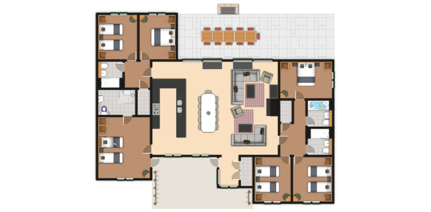 Floor plan depicts rooms arranged around a central open kitchen-dining-living space; multiple bedrooms and bathrooms flank sides; top patio features outdoor table; bottom porch marks main entry.